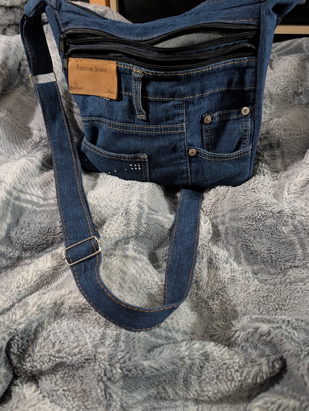 Y2K Upcycled Blue Jean Denim 3 Layer Pocket Crossbody Bag Rhinestone Embellished